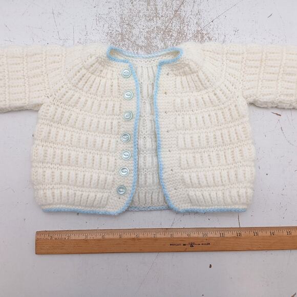 Handmade Baby Sweater White Blue Knit Button Cardigan Infant Gift Unisex - Picture 5 of 9